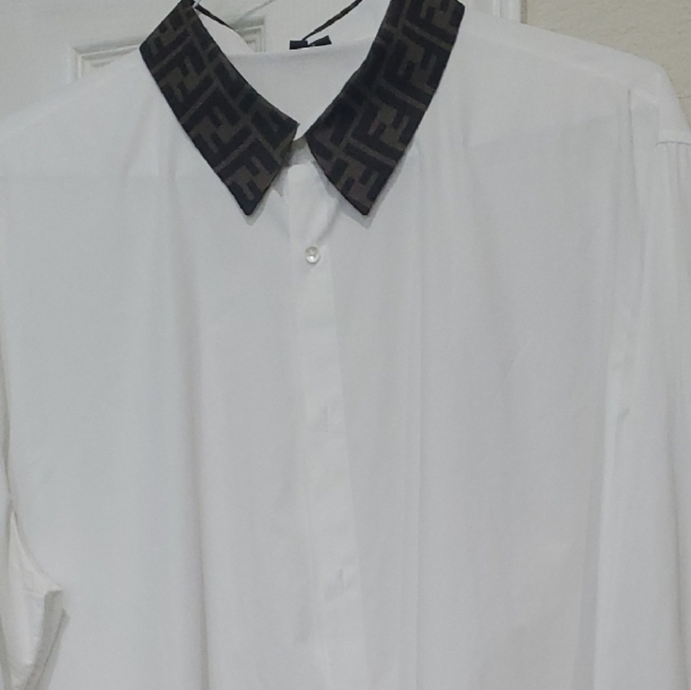 Fendi White Dress Shirt with Black Patterned Collar
